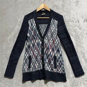 We the Free People Size S Sweater V Neck Foxtrot Argyle Knit Cardigan Preppy